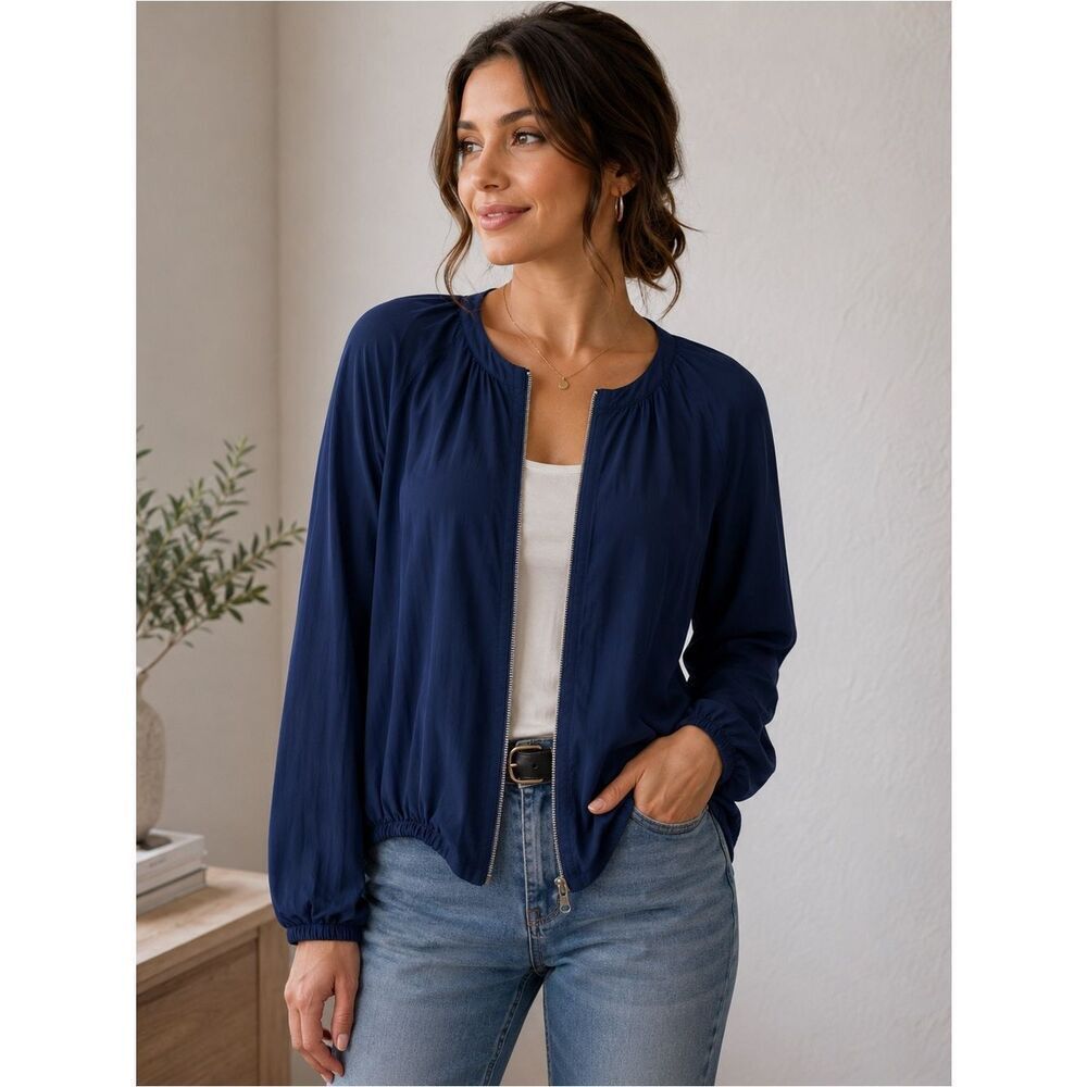 Ramy Brook 100% Silk Navy Blue Bomber Jacket With Pockets Size S